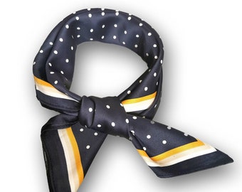 Square Polka Dots Silky Satin Scarf, Hair/Head/Neck Scarf, Navy Mustard Yellow, Decorative scarf