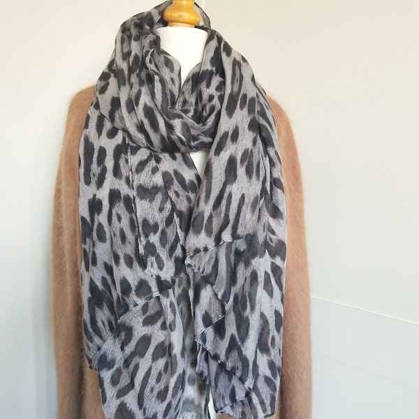 Large Sheer Matte Grey Black Leopard Animal Print Viscose Silk Blend Scarf (Birthday, Anniversary Gifts For Her Gift for Mother)