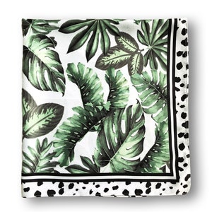 Square Black White Palm Leaf Print Silky Satin Scarf, Hair/Head/Neck Scarf