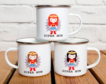 Personalised Super Mum Enamel Camping Mug - Gift for Mum
