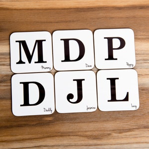 Posavasos personalizados - Cualquier letra y nombre agregado - Diseño de azulejos Scrabble, tapetes de bebidas personalizados, gran regalo familiar