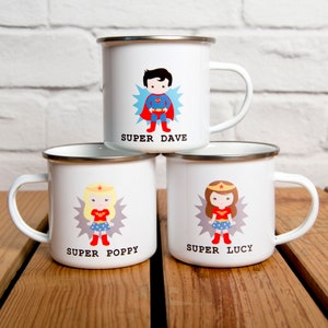 Personalised Super Hero Camping Mug - Any Name & Any Hair Colour - Great Gift Idea, Gift For Camping, Birthday Gift, Durable Enamel Mug