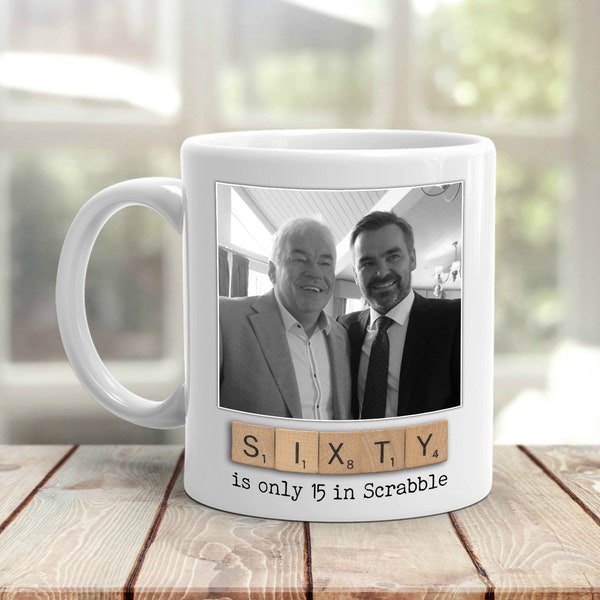 PERSONALISED 60th Birthday Scrabble Mug - Great 60th Birthday Gift, Sixtieth Birthday Photo Mug