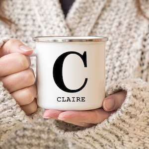 Inicial personalizada & Nombre Esamel Camping Mug - Cualquier nombre añadido a la taza, regalo para los entusiastas del camping, nombre taza