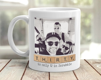 Personalised 30th Birthday Photo Mug: Scrabble Tile Design