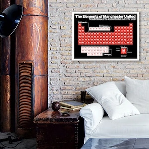May include: A black and white poster with red text that reads "The Elements of Manchester United" and "Periodic history of the greatest football club in the world". The poster is a periodic table of elements, with each element representing a player or manager from the Manchester United football club. The poster is framed and hanging on a brick wall.