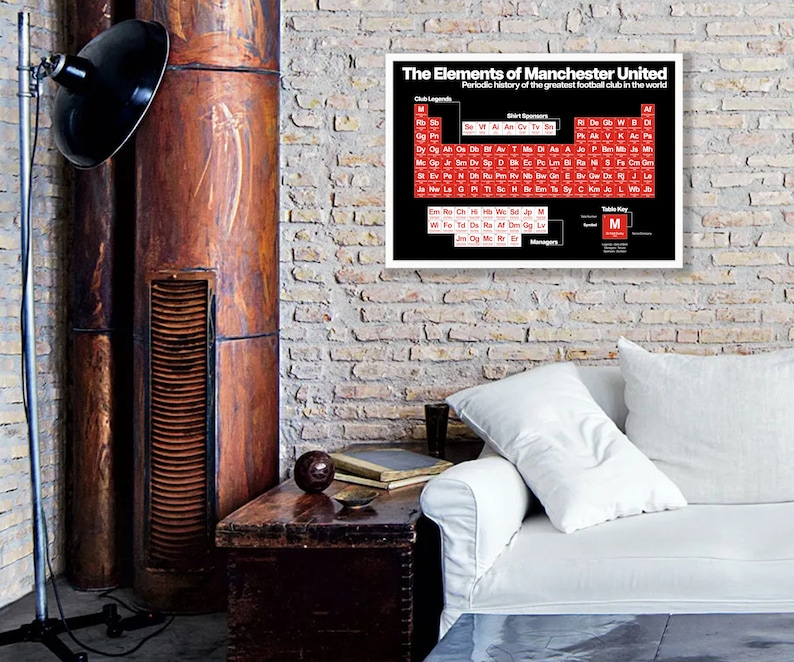 May include: A black and white poster with red text that reads "The Elements of Manchester United" and "Periodic history of the greatest football club in the world". The poster is a periodic table of elements, with each element representing a player or manager from the Manchester United football club. The poster is framed and hanging on a brick wall.