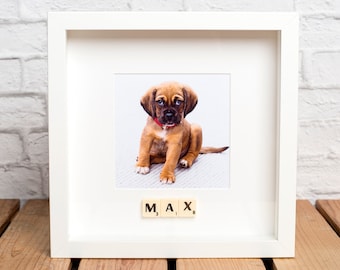Personalised Pet Photo Frame: Scrabble Tile Name, Animal Lover Gift