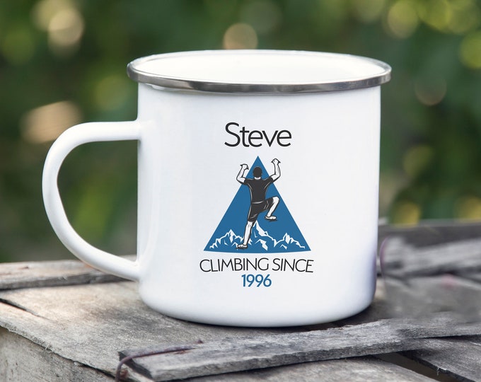 Personalised Climbing Mug - Any Climbers Name & Year Added To The Mug - Enamel Mug, Great for the Outdoors!!