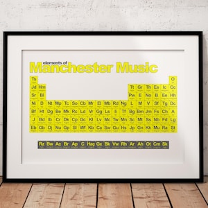 Manchester Music Scene Poster - The History of Manchester Bands Shown in Periodic Table Design - White Edition