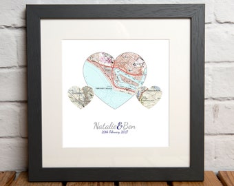 PERSONALISED Triple Heart Map Print - Wedding Gift, Anniversary Gift, Romantic Gift For Any Couple, Valentines Gift Idea