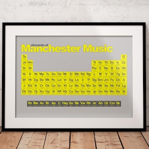 Manchester Music Scene Poster - The History of Manchester Bands Shown in Periodic Table Design - Grey Edition