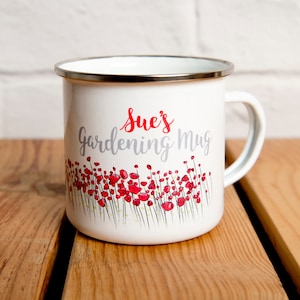PERSONALISED Gardeners Enamel Mug - Poppy Design - Any Name Added To The Mug, Gift for Gardening Enthusiast