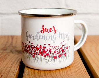 Taza de jardinero esmaltada personalizada: Diseño floral de amapola