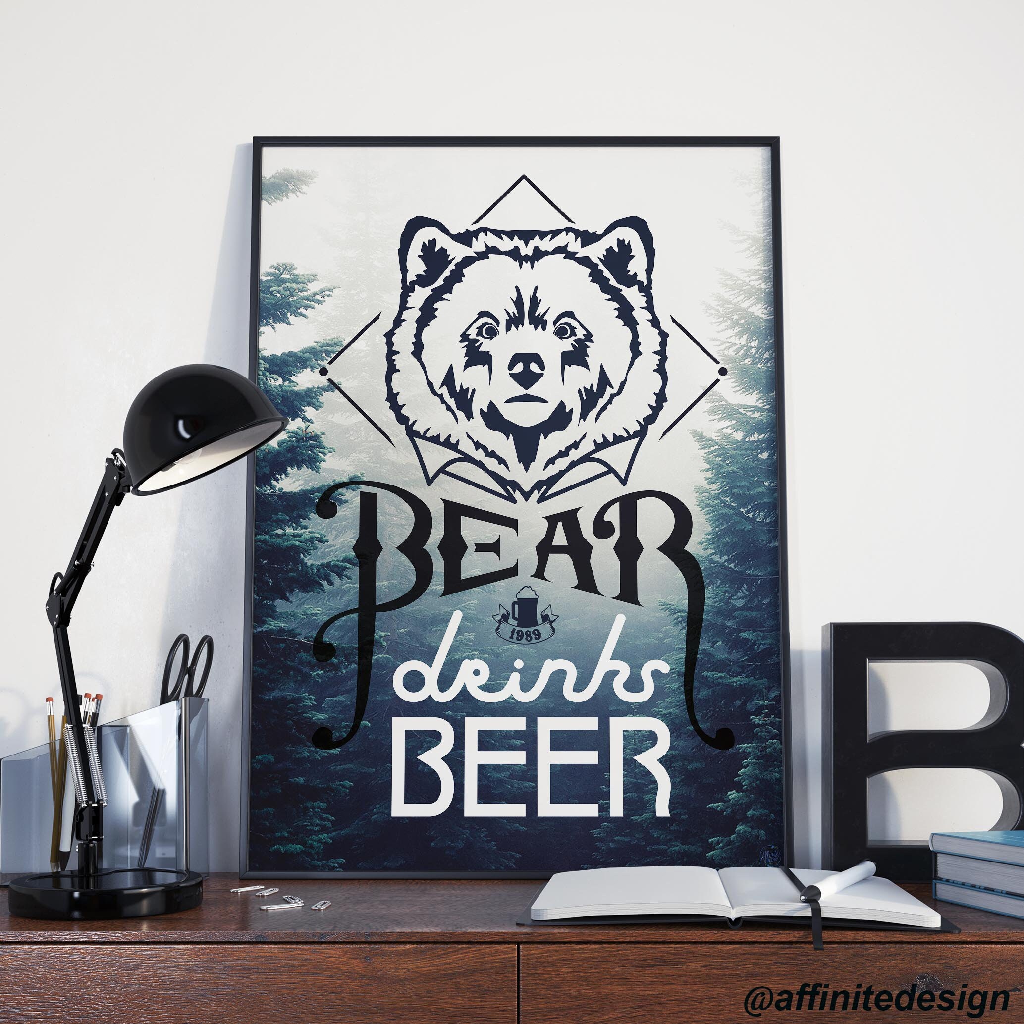 Poster Illustration Ours Photo Paysage Forêt Bleu, Affiche A3 A2 Décoration Maison Chambre Salon Cad