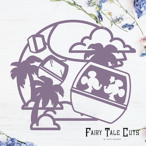 May include: Purple silhouette of Mickey Mouse and Minnie Mouse riding a gondola with palm trees and clouds in the background. The text "Fairy Tale Cuts" is at the bottom of the image.