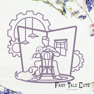 Op de afbeelding: Een lijntekening van een man die op een stoel zit met een hond aan zijn voeten. De man houdt een waaier vast en er zijn tandwielen en lampen op de achtergrond. De tekst "Fairy Tale Cuts by Miss Mandee" staat onderaan de afbeelding.