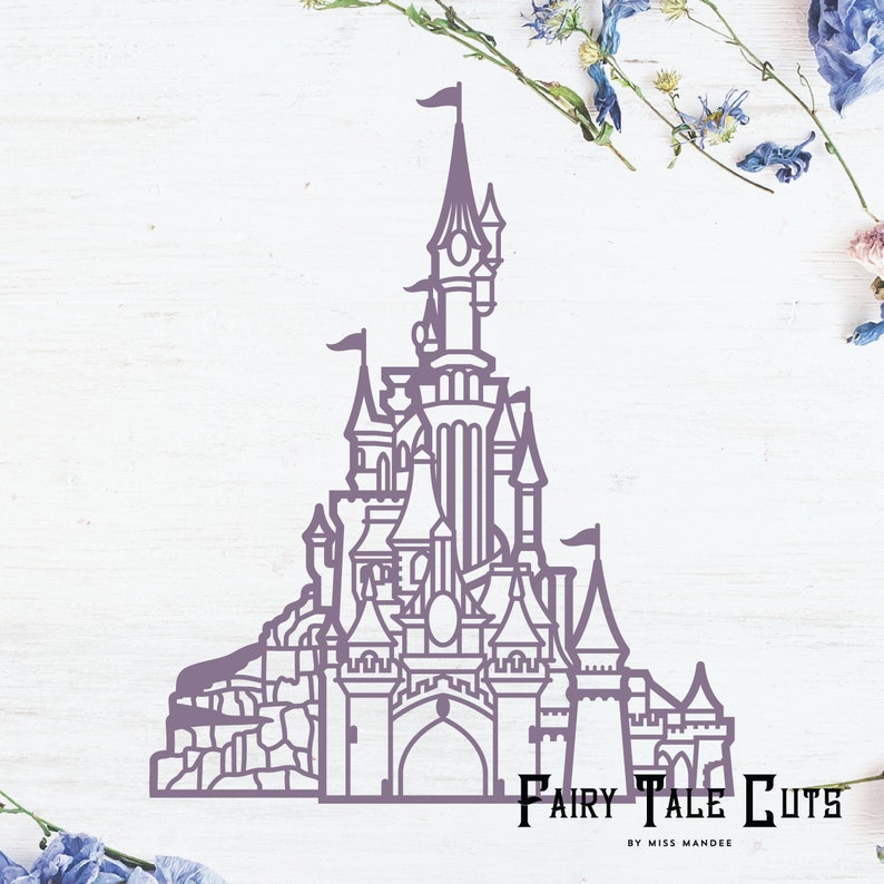 May include: A detailed line drawing of a fairytale castle with multiple towers and spires. The castle is outlined in a light purple color against a white background. The text "Fairy Tale Cuts" is at the bottom of the image.