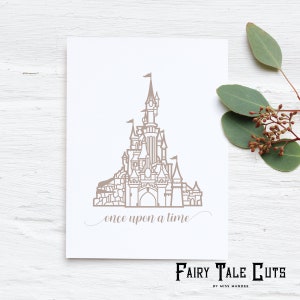 May include: A printable digital download of a line drawing of Cinderella's castle with the text "once upon a time" underneath. The image is in shades of gray and white.