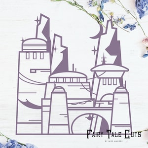 Puede incluir: Un dibujo de línea de un castillo morado con una luna creciente y estrellas. El castillo tiene múltiples torres y un puente. El texto "Fairy Tale Cuts" está en la parte inferior de la imagen.