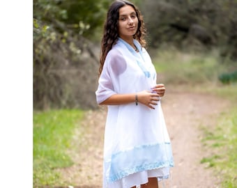 Bat Mitzvah Tallit, Blue Lace Decorated Sheer Tallit For Women, Girls Tallit, Tzitzit, Jewish Prayer Shawl from Israel, Jewish Woman Tallis