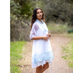 Bat Mitzvah Tallit, Blue Lace Decorated Sheer Tallit For Women, Girls Tallit, Tzitzit, Jewish Prayer Shawl from Israel, Jewish Woman Tallis