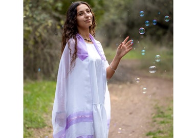 Personalized Sheer Tallit, Lilac Lace Bat Mitzvah Tallis, Girls Tallit Tzitzit, Handmade Tallis for Women from Israel