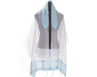 Blue Lace Decorated Sheer Tallit For Girl, Bat Mitzvah Tallit, Girls Tallit, Tzitzit, Jewish Prayer Shawl from Israel, Jewish Woman Tallis