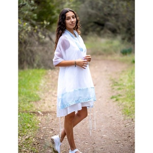 Personalized Sheer Tallit, Blue Lace Decorated Tallit For Women, Handmade Bat Mitzvah Tallit, Girls Talit Tzitzit from Israel, Custom Tallis