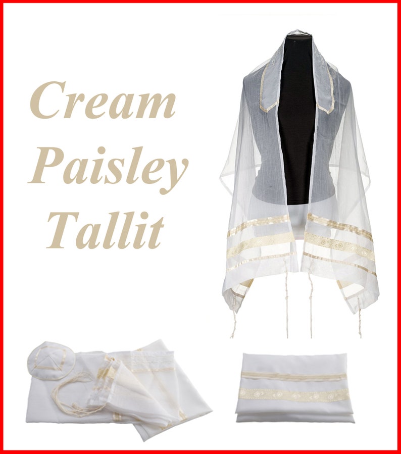 May include: A cream-coloured tallit featuring a paisley pattern, displayed on a mannequin and folded. The set includes a matching kippah and a bag. The text 'Cream Paisley Tallit' is visible on the left side of the image, describing the prayer shawl.