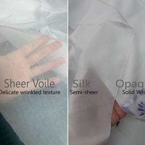 May include: A comparison of three white fabrics: Sheer Voile with a delicate wrinkled texture, semi-sheer Silk, and Opaque solid white fabric featuring a purple embroidered floral detail along the edge. The image includes text labels for each.