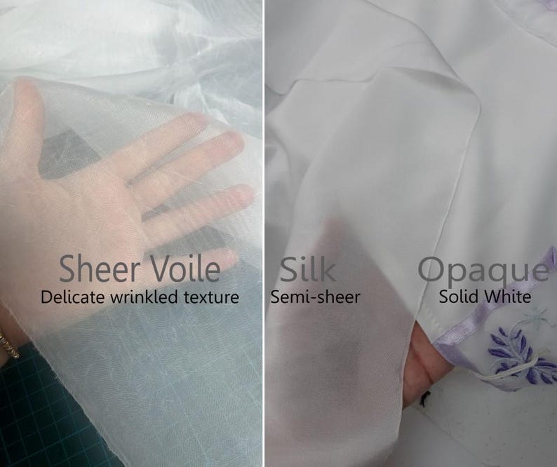 May include: A comparison of three white fabrics: Sheer Voile with a delicate wrinkled texture, semi-sheer Silk, and Opaque solid white fabric featuring a purple embroidered floral detail along the edge. The image includes text labels for each.