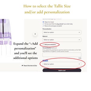 May include: An instructional graphic for an Etsy listing showing a white tallit with purple stripes. The text reads: How to select the Tallit Size and/or add personalisation. Expand the +Add personalisation and you'll see the additional options.
