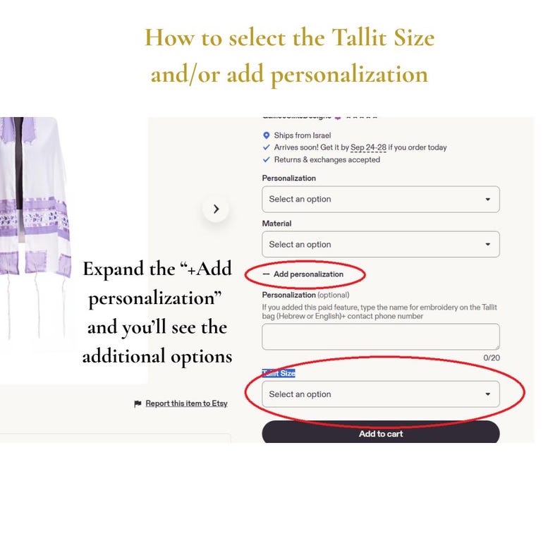 May include: An instructional graphic for an Etsy listing showing a white tallit with purple stripes. The text reads: How to select the Tallit Size and/or add personalisation. Expand the +Add personalisation and you'll see the additional options.