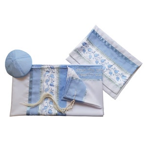 Personalized Tallit for Girl with Light Blue Pomegranates, Tallit for Woman, Girls Tallit Tzitzit, Handmade in Israel Monogrammed Tallit Set