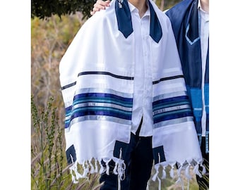 Jewish Prayer Shawl Tallit in Blue, Gray and Silver Shades, Bar Mitzvah Tallit, Tallit for Men from Israel, Monogram Option