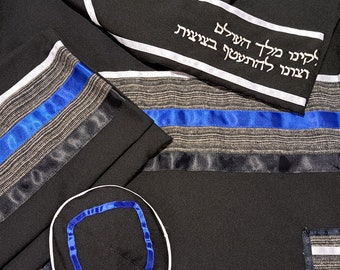 Black Tallit Jewish Prayer Shawl with Gray and Blue Stripes, Bar Mitzvah Tallit, Talit, Man Tallis, Hand Made Tzitzit from Israel