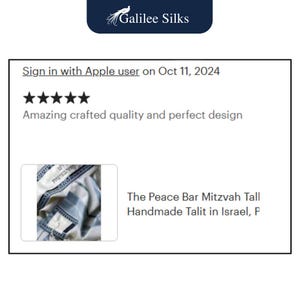 Puede incluir: La imagen muestra una rese&ntilde;a de un talit hecho a mano de Galilee Silks. El texto dice "Calidad artesanal incre&iacute;ble y dise&ntilde;o perfecto". El producto se describe como "The Peace Bar Mitzvah Tall Handmade Talit in Israel."