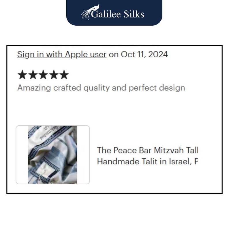 Puede incluir: La imagen muestra una rese&ntilde;a de un talit hecho a mano de Galilee Silks. El texto dice "Calidad artesanal incre&iacute;ble y dise&ntilde;o perfecto". El producto se describe como "The Peace Bar Mitzvah Tall Handmade Talit in Israel."