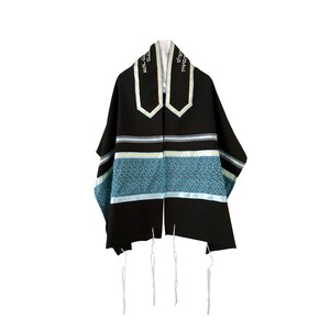 Personalized Vibrant Turquoise Leaves Pattern Black Tallit, Bat Mitzvah Tallis, Hand Made in Israel Girls Tallis Set with Bag and Kippah