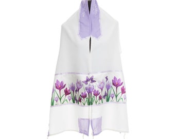 Floral Bat Mitzvah Tallis com flores lilases e borboletas, טלית בת מצווה, Crocus Talit para meninas, conjunto com bolsa e quipá