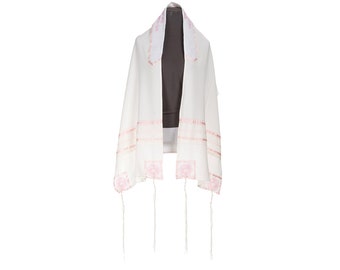 May include: White prayer shawl with pink embroidered floral designs. The shawl has a rectangular shape with decorative borders and tassels at the bottom. The pink embroidery is featured on the collar and borders.