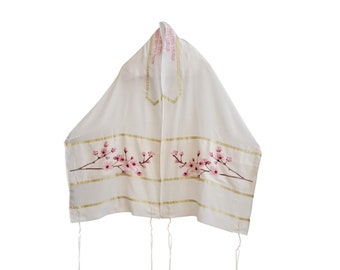Personalized Bat Mitzvah Tallit, Cherry Blossom Silk Tallit for Bat Mitzvah, Woman Tallis, Handmade in Israel Bat Shawl Set with Bag, Kippah