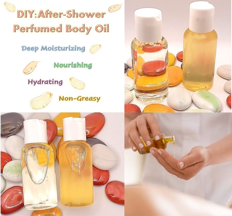 May include: Two clear glass bottles with white caps filled with a yellow liquid. The bottles are sitting on a bed of colorful stones. The text "DIY: After-Shower Perfumed Body Oil" is at the top of the image. Below the text are the words "Deep Moisturizing", "Nourishing", "Hydrating", and "Non-Greasy".