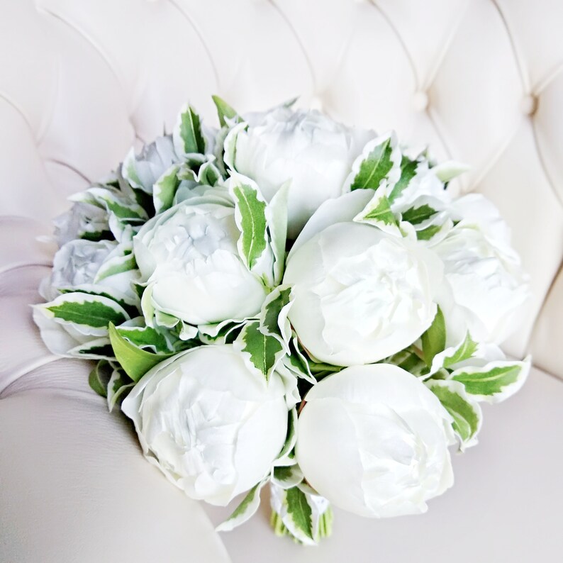 Real touch white peonies round bridal bouquet for Etsy