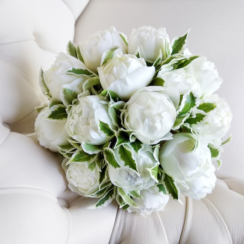 Real touch white peonies round bridal bouquet for Etsy