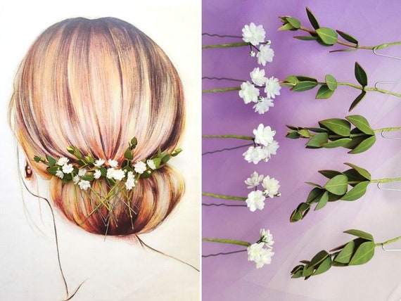 Bridal greenery hair pins Wedding floral hair piece Baby breath hair clip Eucalyptus bobby pins