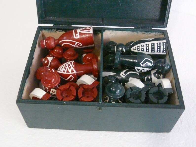 Rare Vintage Wooden Chess Pieces Handmade, Handpainted w Box - K Rare Vintage Wooden Chess Pieces Handmade, Handpainted w Box - K