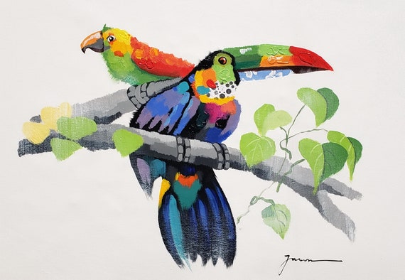 Toucan and Parrot - 24x36 - Acrylic & Oil Mixed Painting on Giclee
