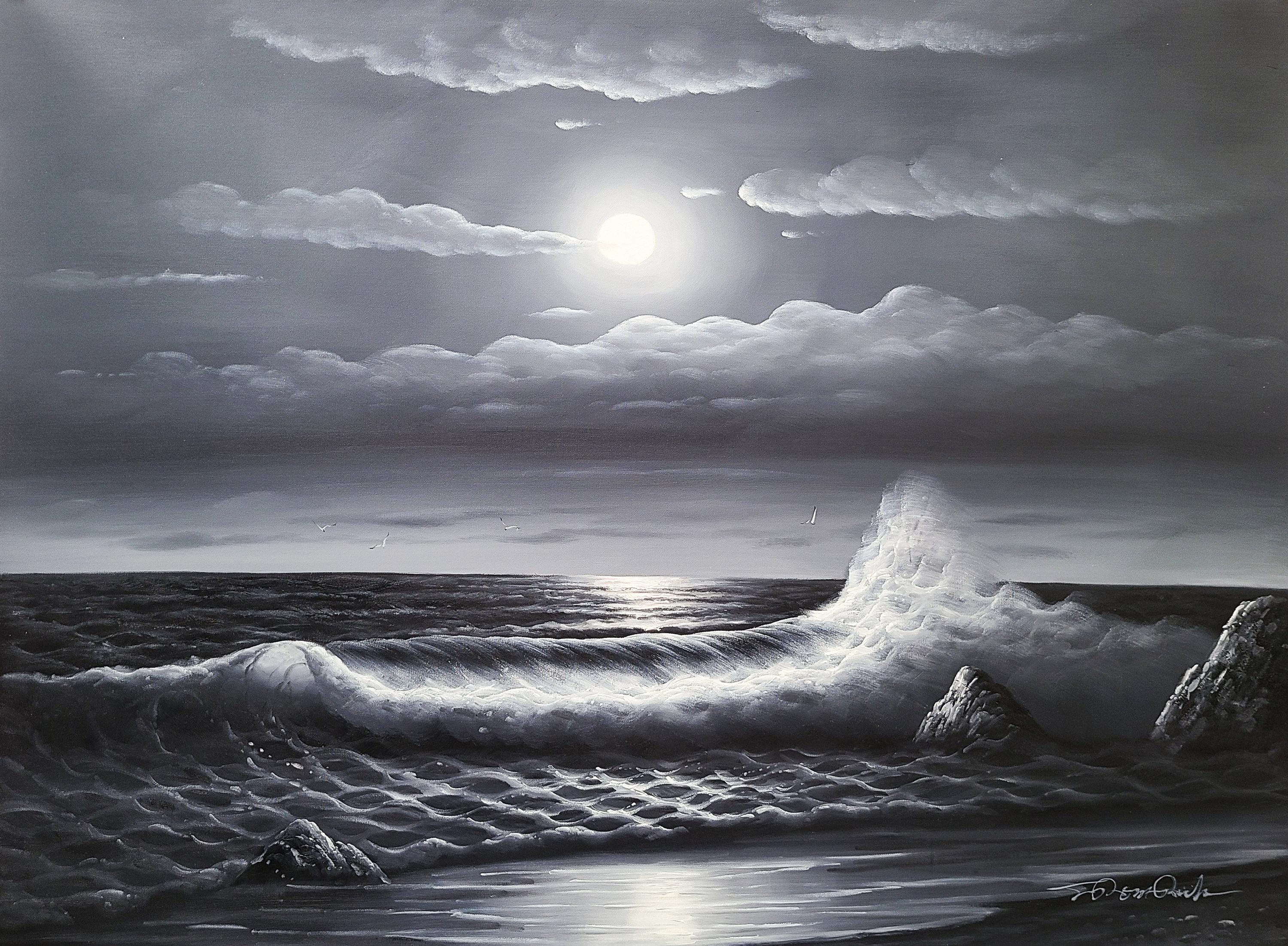 B/W Ocean Wave, (#5TO-5) 36x48 -100% Hand Painted Oil Painting on